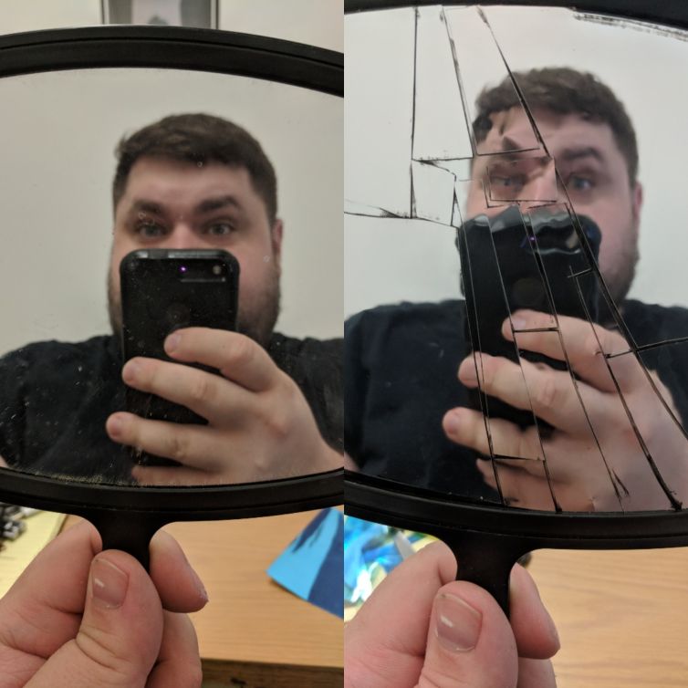 Non-damaging non-permanent fake broken mirror test