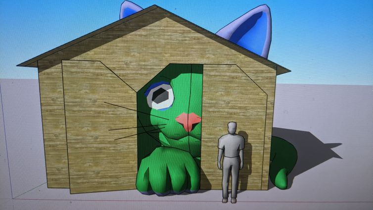 Giant cat peeking out of barn 3D design