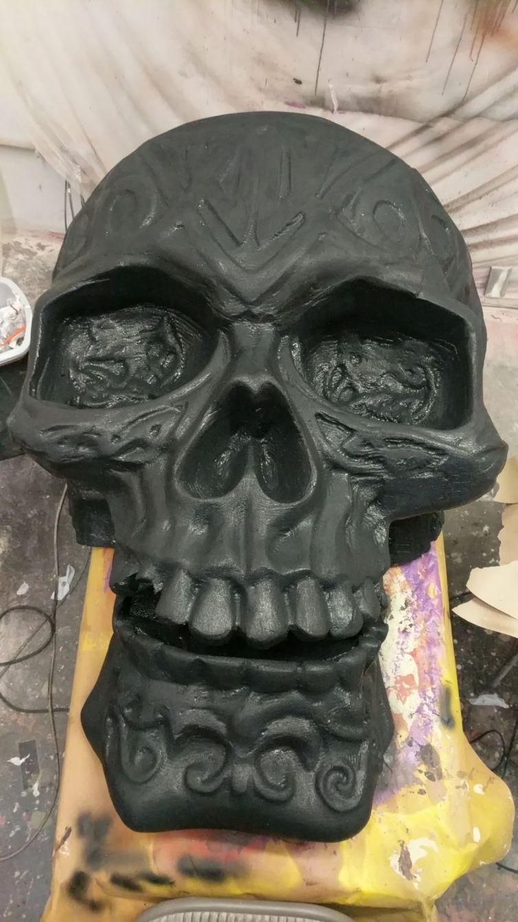 CNC carved, sanded, seamed, and coated skull