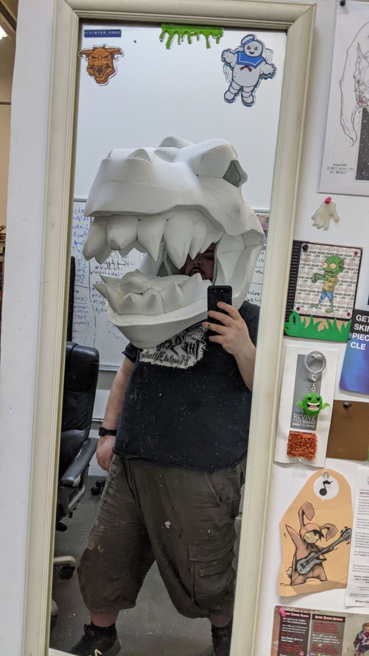 T-Rex head foam fabrication selfie