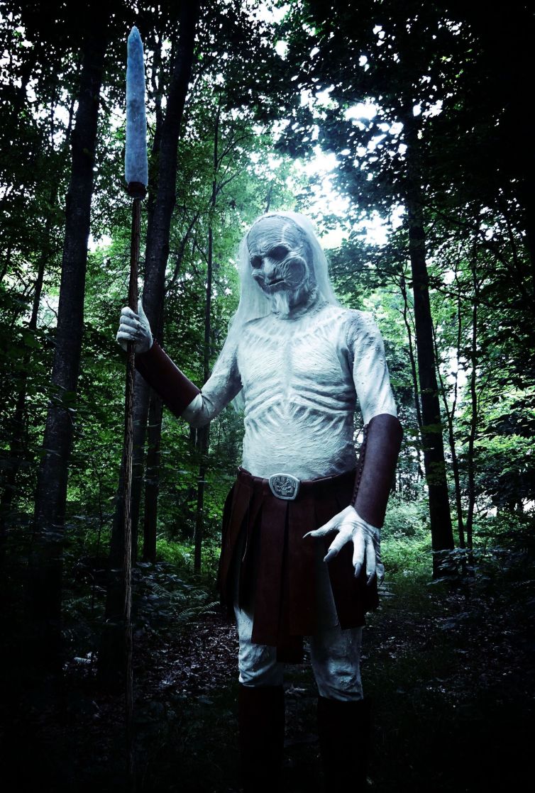 White Walker Game of Thrones Cosplay Costume with Mask, Body Suit, Gauntlets, Kilt, Shin Guards, and Spear