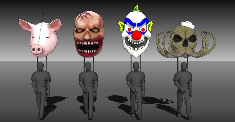 Rotting Pig Head, Zombie, Evil Clown, and Octo-Skull 3D designs