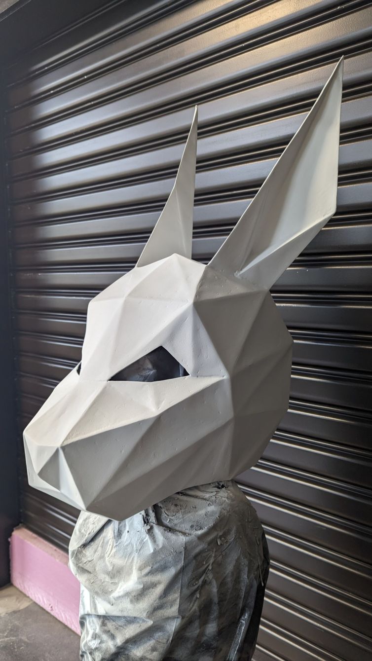 Fiberglassed low-poly faceted bunny mask