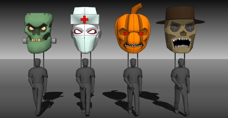 Frank, Nurse, Pumpkin Head, and Scarecrow 3D designs