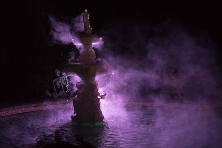 Night lighting on skeletons and fountain