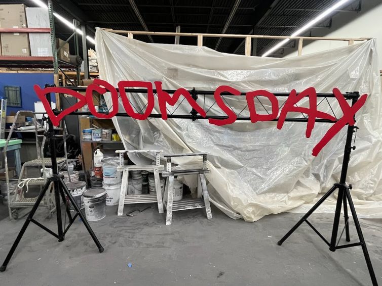 CNC cut doomsday lettering scaffold setup