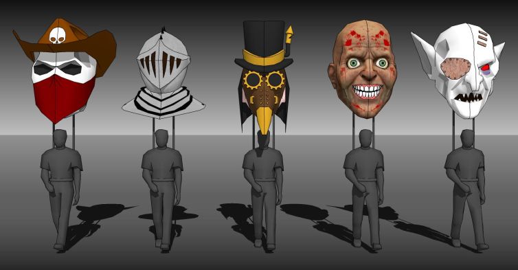 Ghostly Cowboy, Knight, Steampunk Plague Doctor, Maniac, and Post-Apocalyptic Vampire 3D designs