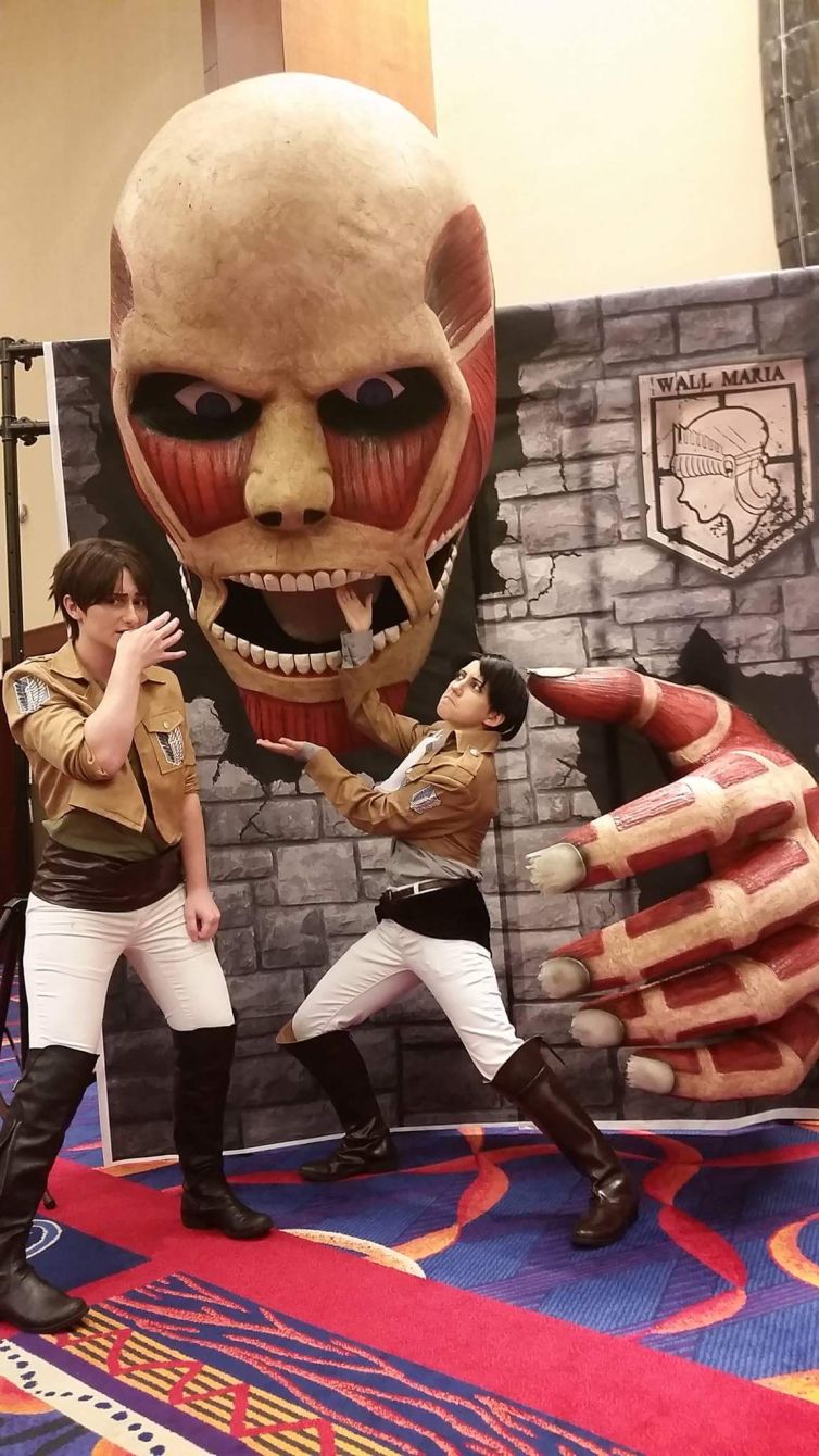 Attack on Titan cosplayers with Colossal Titan