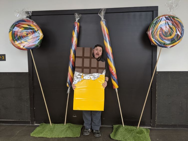 Giant rainbow swirl lollipops and chocolate bar