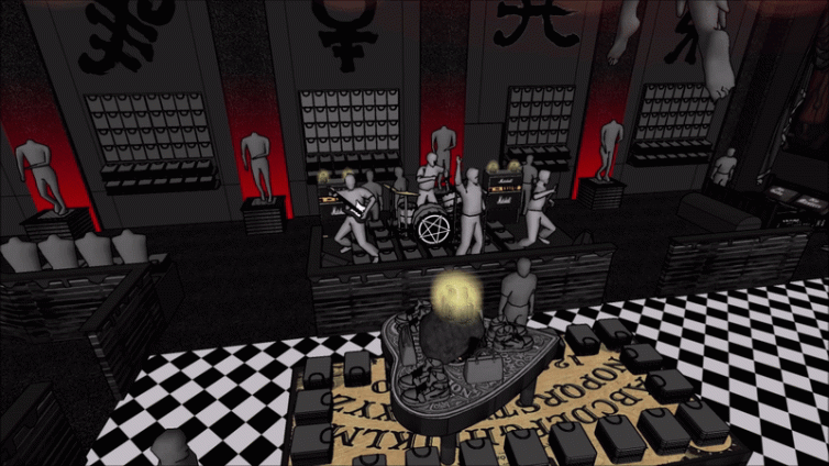 3D Visualization walkthrough of shoe area and ouija table in the Blackcraft Cult Salem store