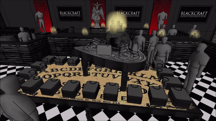 3D Visualization walkthrough of checkout area, stained glass, giant witch statue, and raven with skulls statue in the Blackcraft Cult Salem store