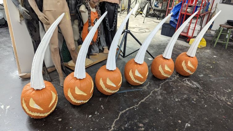 CNC carved spike stems added to carved pumpkins