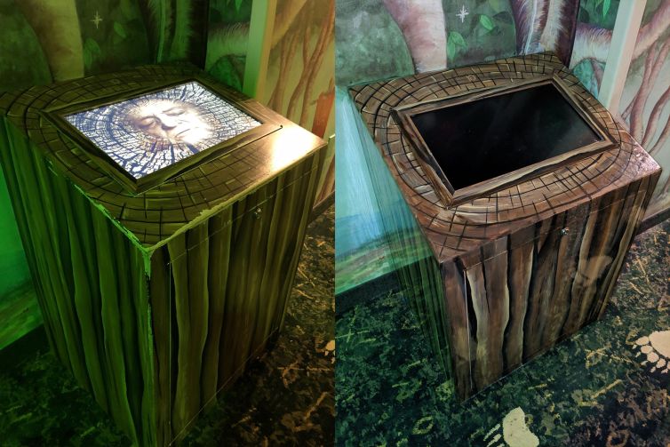 Tree stump themed video screen repaint and sealing