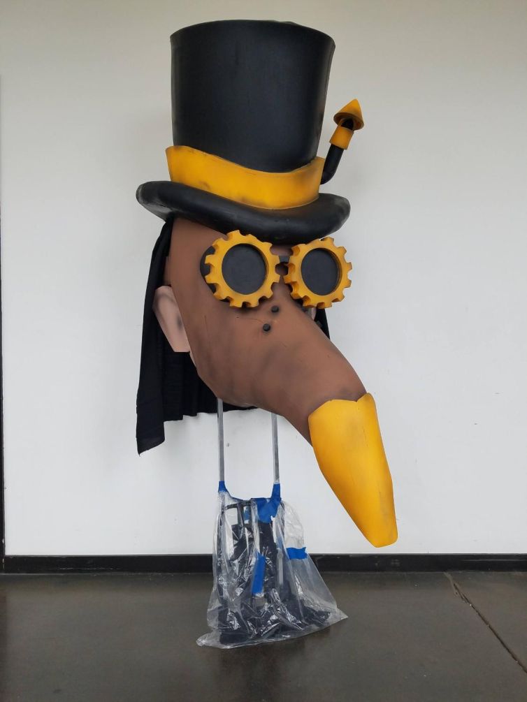 Steampunk Plague Doctor with top hat, mask, gear goggles, and shroud