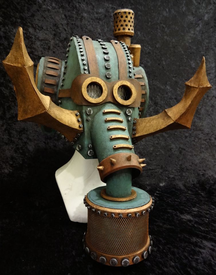 Foam fabricated steampunk elephant mask - angle view