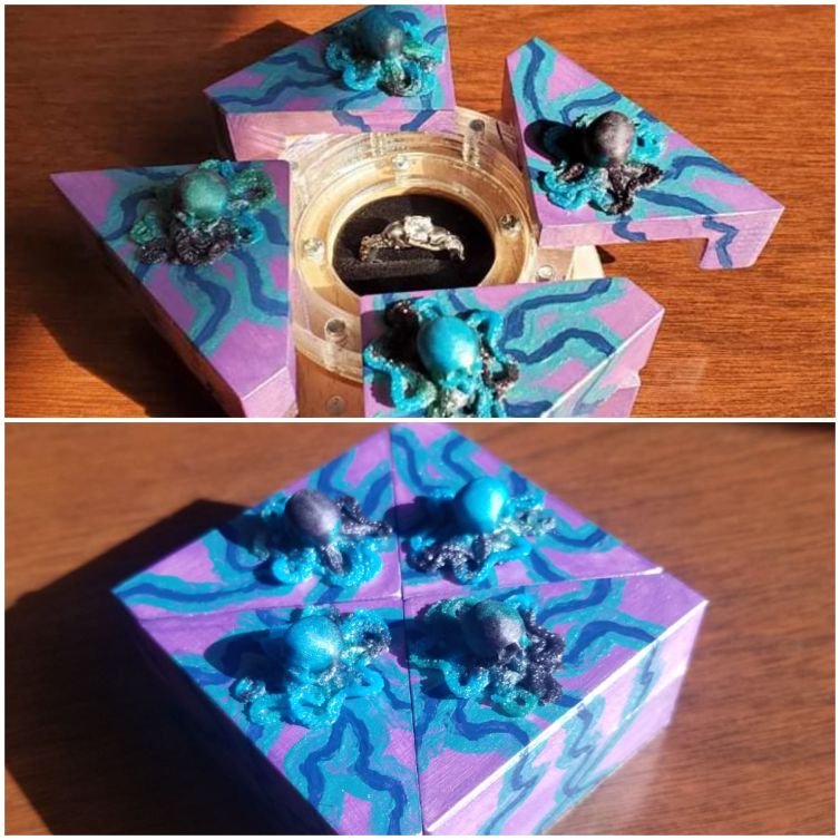 Octo-skull resin castings on custom engagement ring box