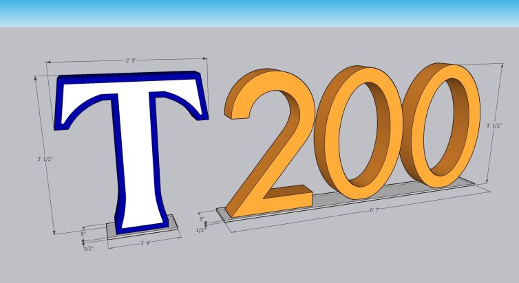 3D design of Trinity College "T" and "200" photo-op displays