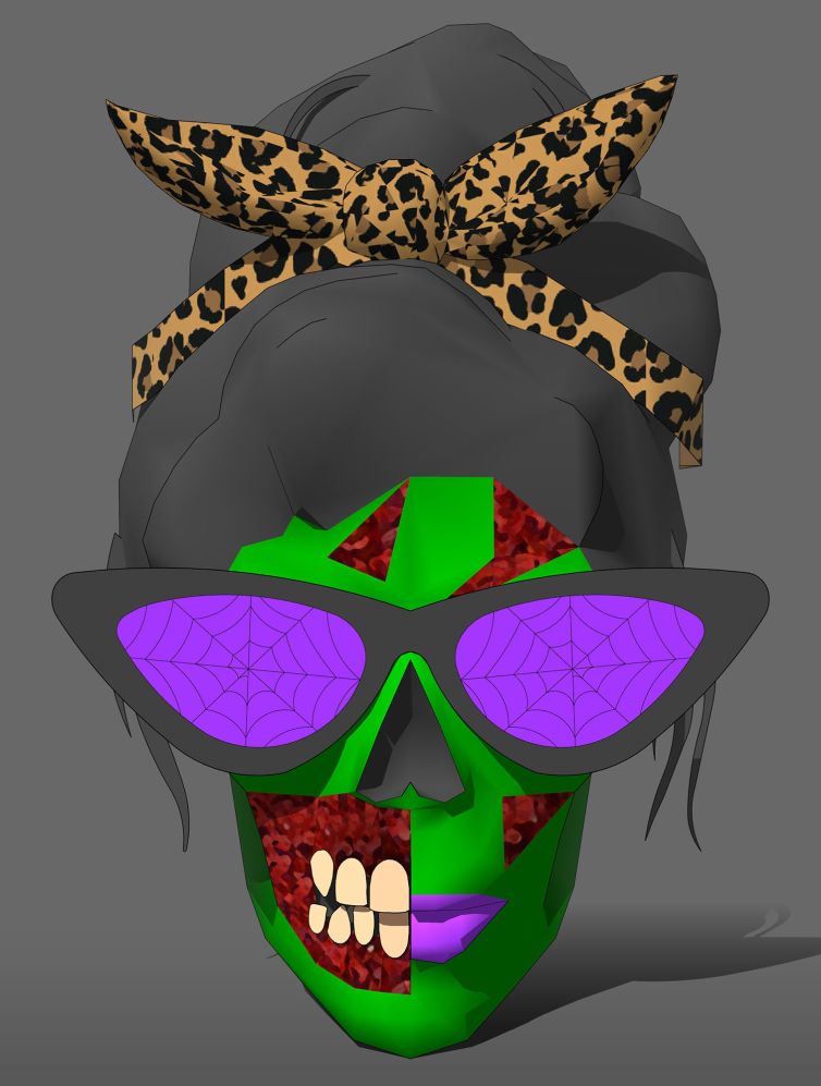 3D design and modeling of custom giant female zombie head with spider webbed glasses and animal print bandana