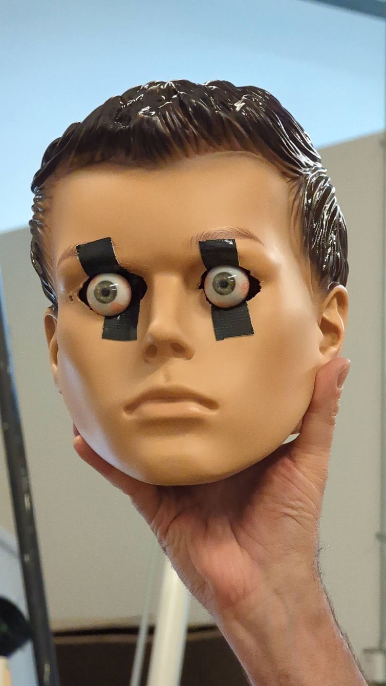 Mannequin eye replacement with hyper-real eyes the same color as actor David Howard Thornton