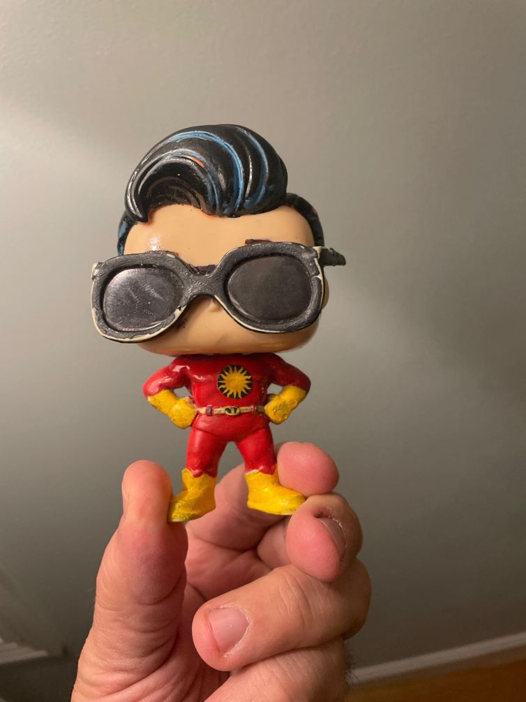 Prototype Captain TerrifiCon Funko Pop made from Conan O'Brien Superhero Funko Pop figure and Steve Harrington Stranger Things Funko Pop glasses