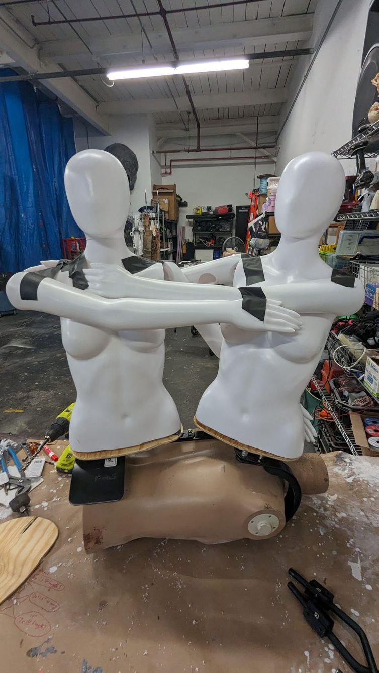 Figuring out the positioning of the mannequin torsos, heads, and arms on the break-away fall-apart finale rig for Death Becomes Her the Broadway musical