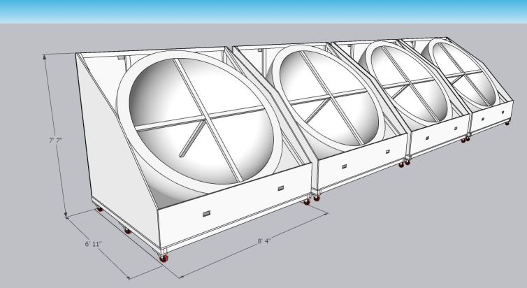 Enormous shipping container designs for the cricket ball halves with casters