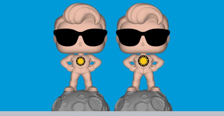 3D modeled Funko Pop design with superhero pose, asteroid moon base, and glasses, chest logo size testing