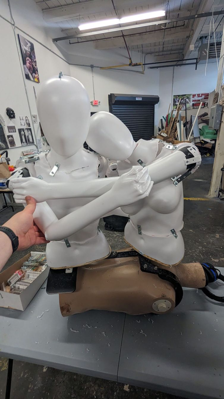 Continually working for more expression in the mannequins with the head and limb positions on the fall-apart rig for Death Becomes Her the Broadway musical