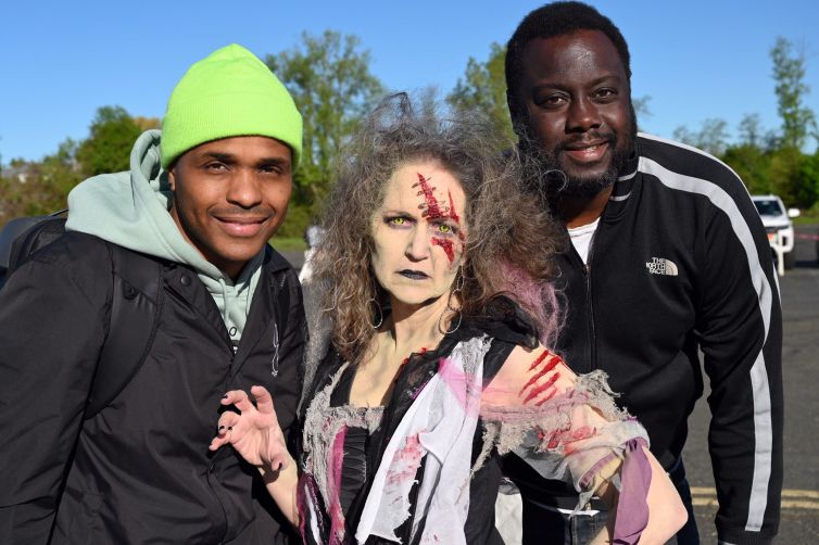 Paul Herman, Terry Davis in prosthetic zombie makeup, and Dee Jay Rob at MOMbies 5K