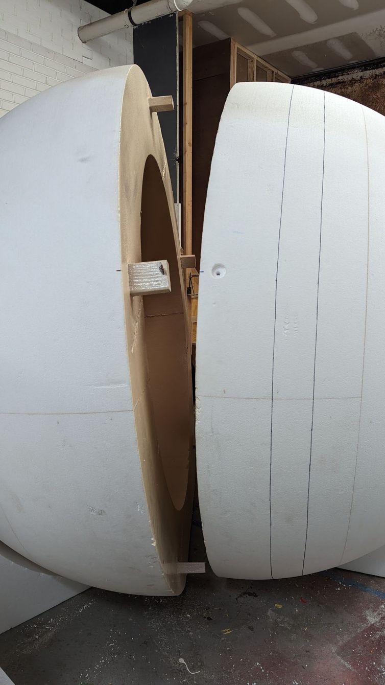 The inside of the giant styrofoam ball is quick hard-coated first