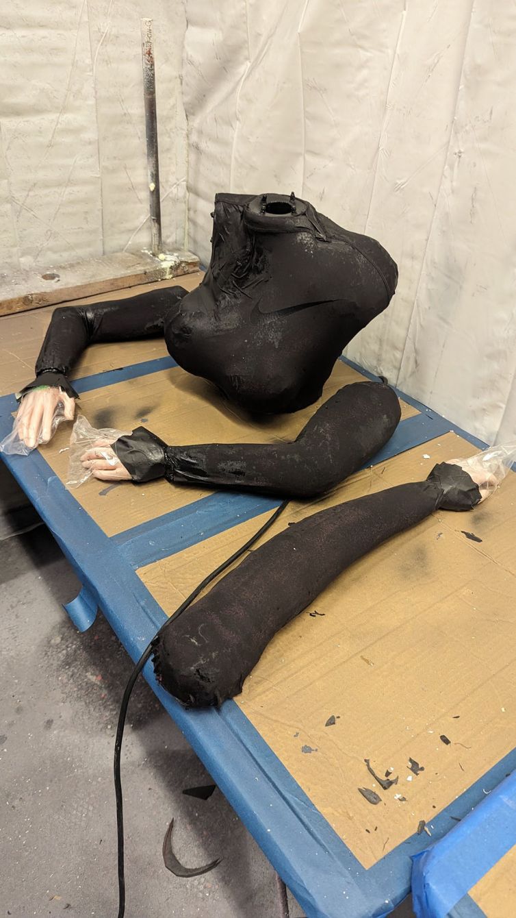 Rubber & fabric skinned and painted padded mannequin torso and limbs for the fall-apart ending rig for Death Becomes Her the Broadway musical