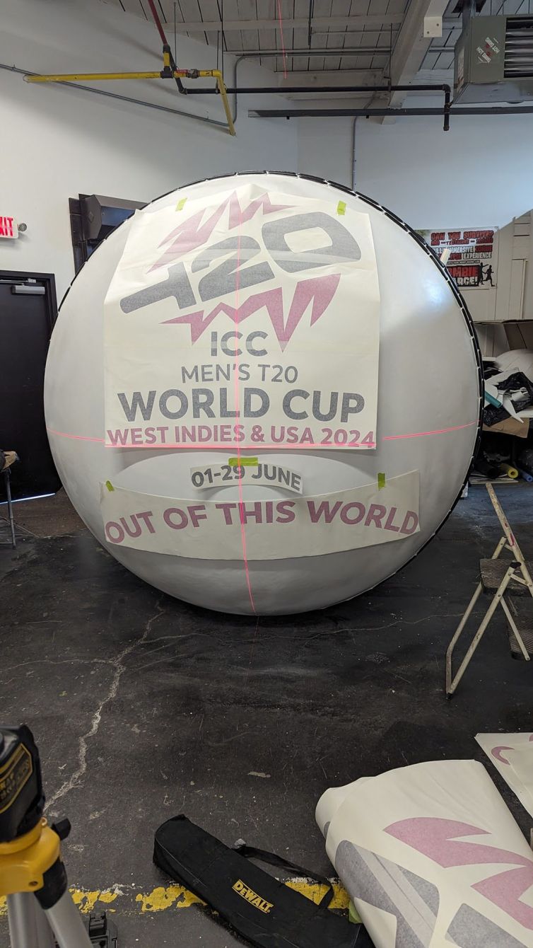 Aligning the T20 World Cup graphics to the giant cricket ball with a laser level