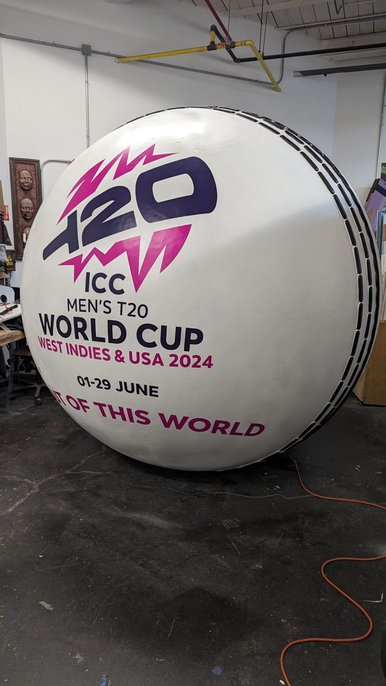 T20 World Cup graphics attached to the giant cricket ball and smoothed